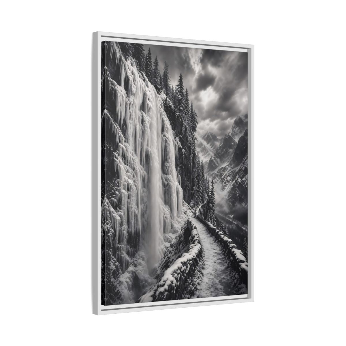 Side Mockup 10. Nature Icy Waterfall Black And White Winter shown as stretched canvas wall art