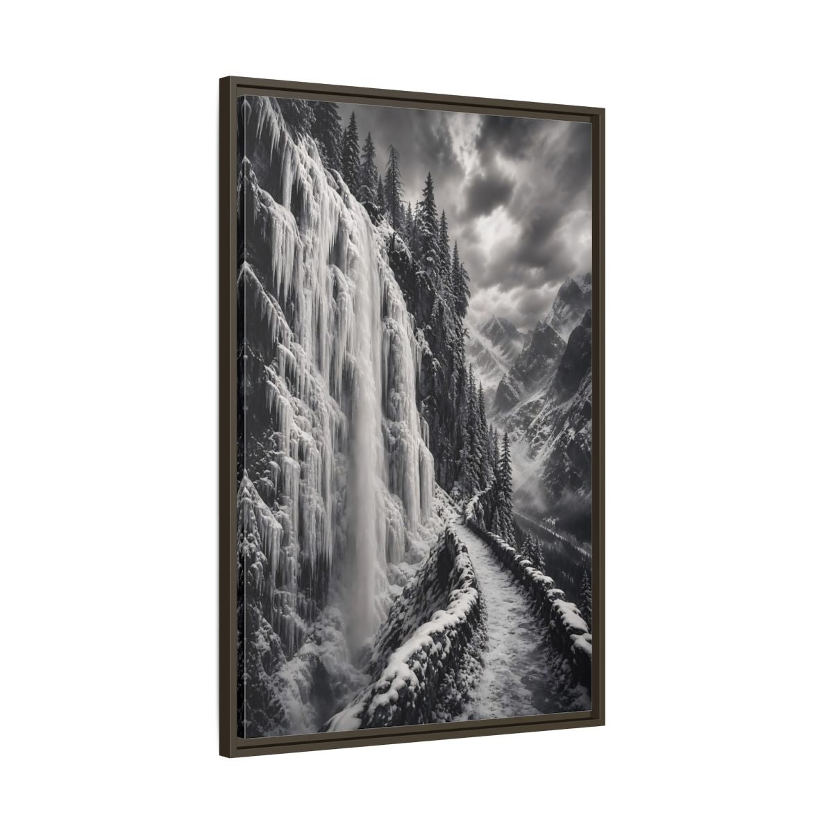 Main Mockup. Nature Icy Waterfall Black And White Winter shown as stretched canvas wall art