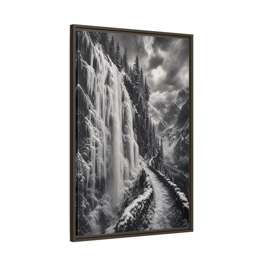 Main Mockup. Nature Icy Waterfall Black And White Winter shown as stretched canvas wall art