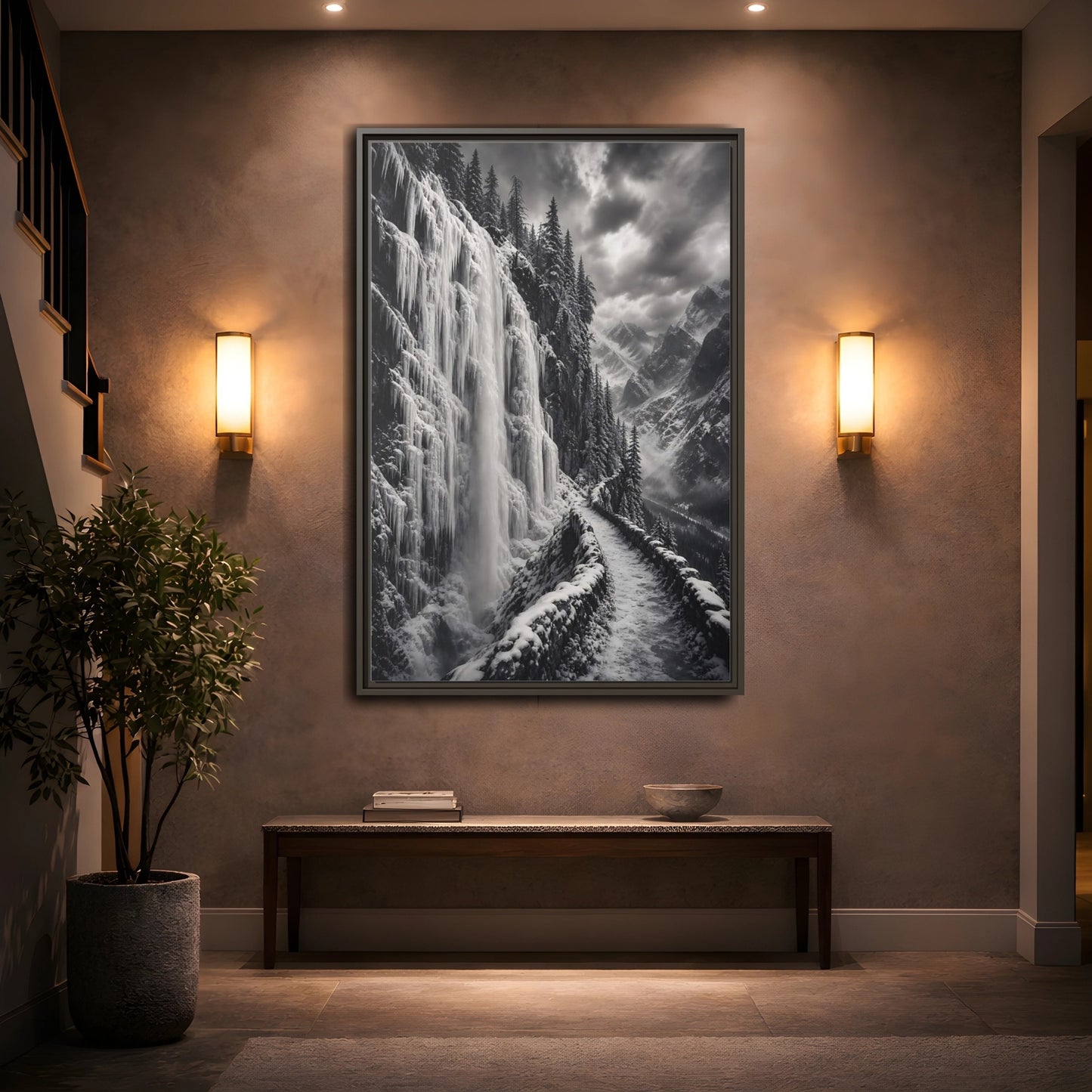 Mockup 2. Nature Icy Waterfall Black And White Winter shown as stretched canvas wall art