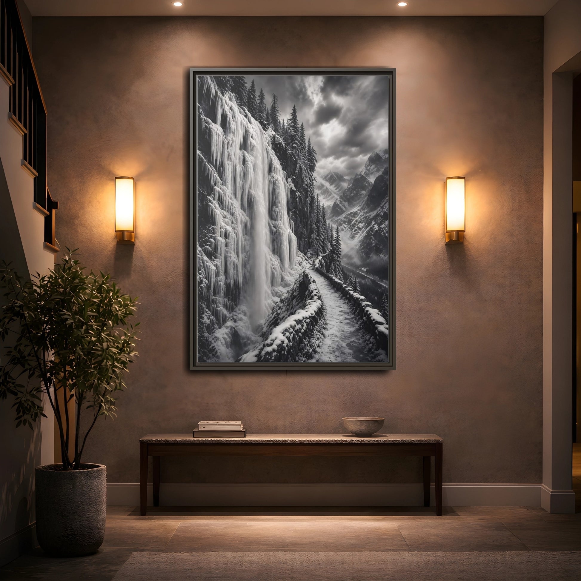 Mockup 2. Nature Icy Waterfall Black And White Winter shown as stretched canvas wall art