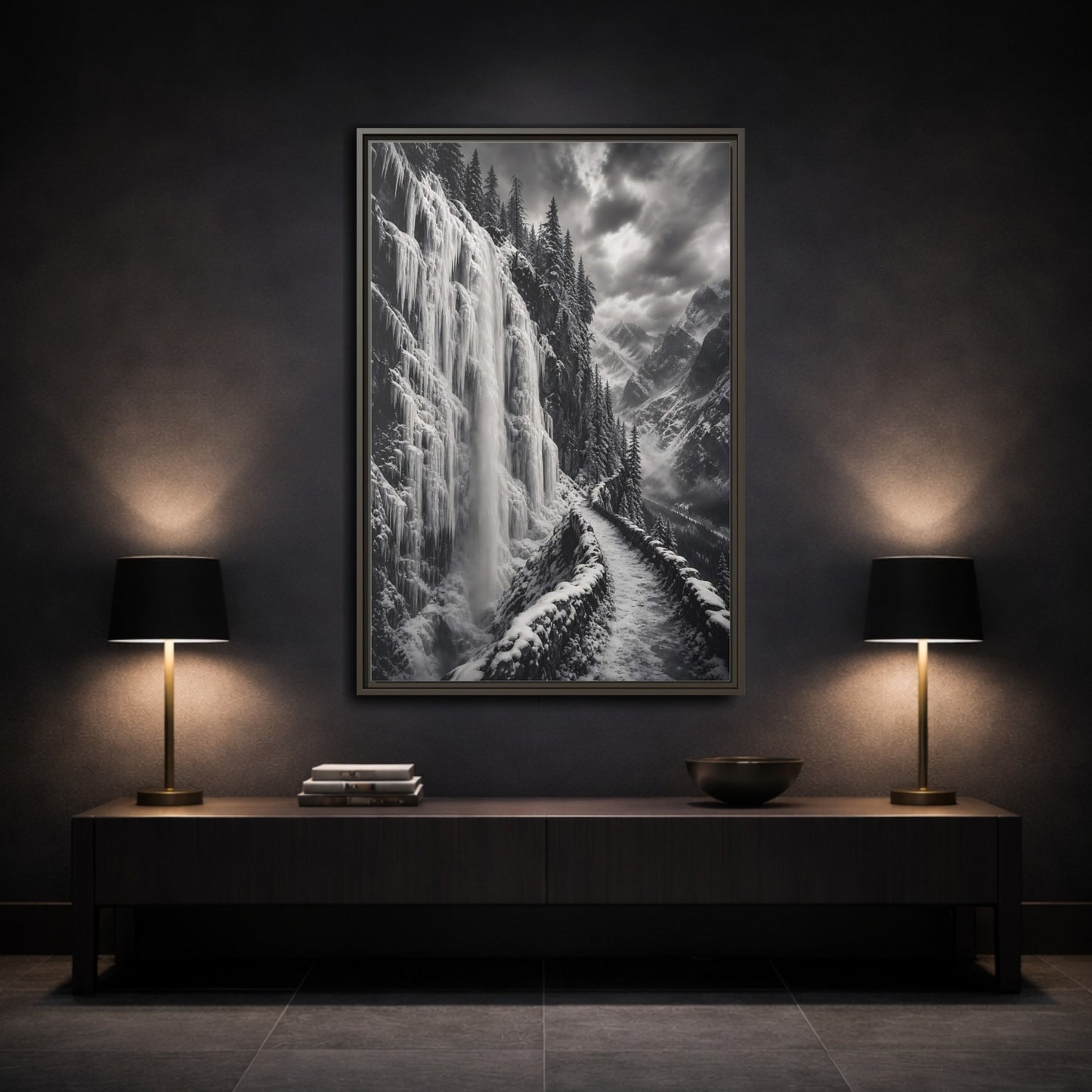 Mockup 3. Nature Icy Waterfall Black And White Winter shown as stretched canvas wall art