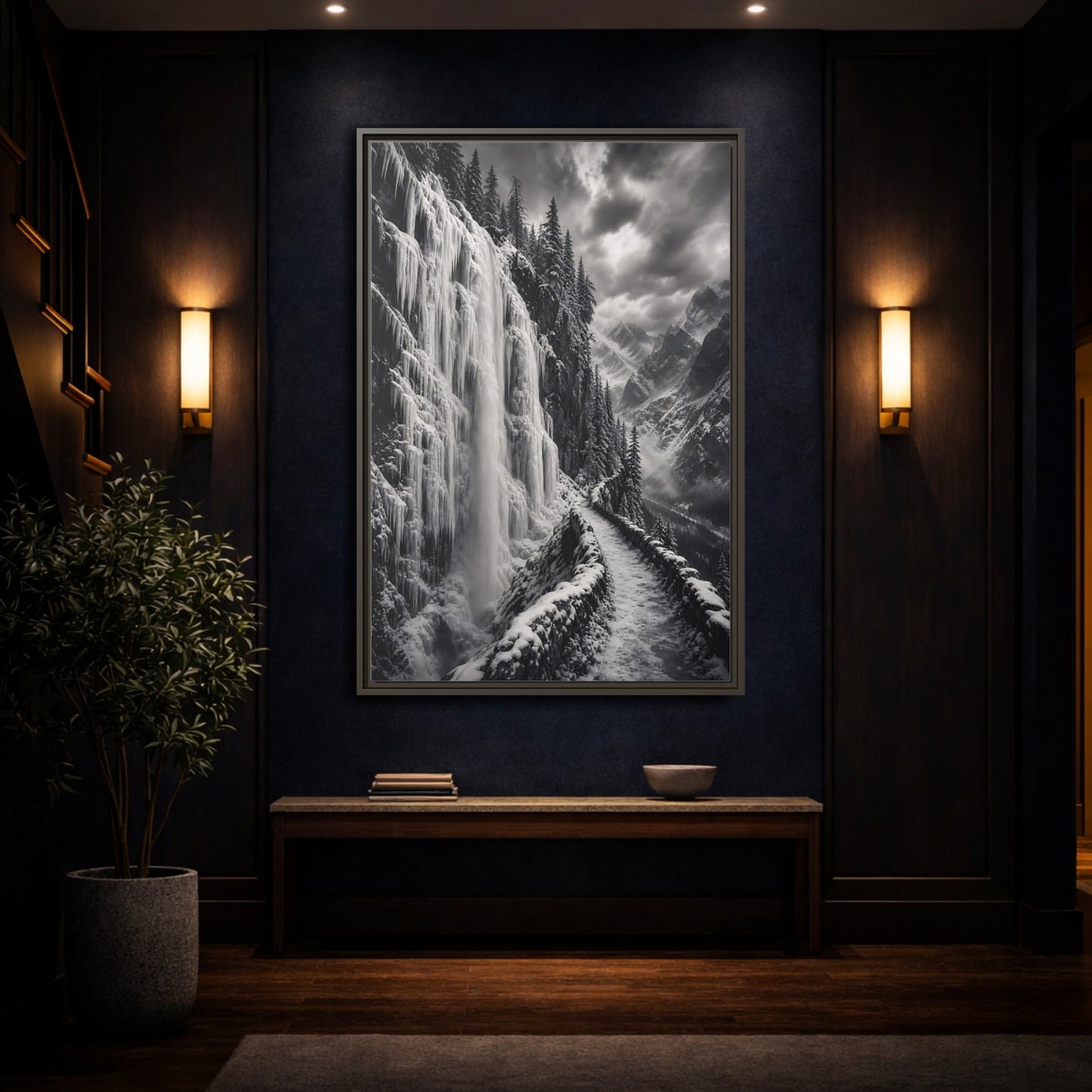 Mockup 4. Nature Icy Waterfall Black And White Winter shown as stretched canvas wall art