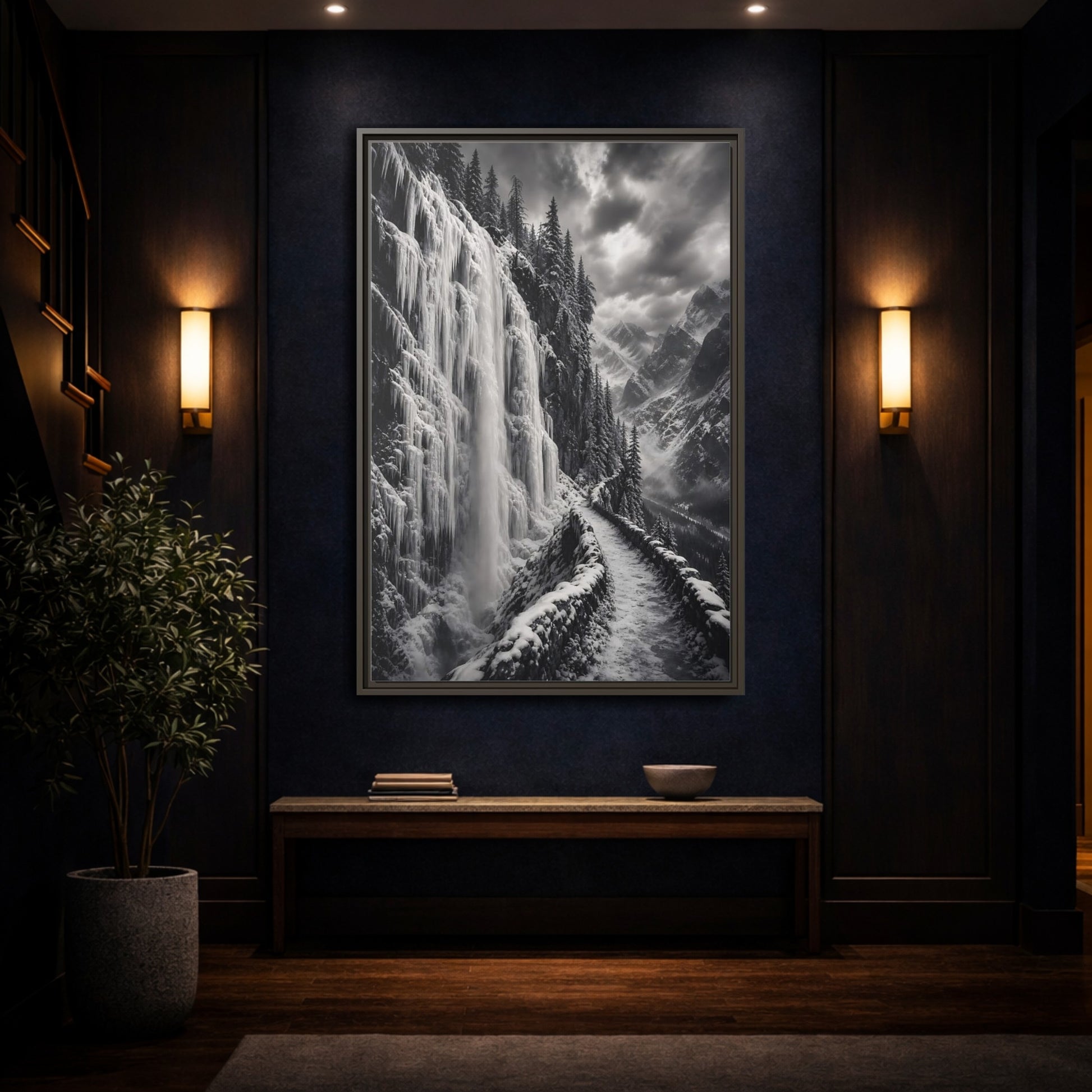 Mockup 4. Nature Icy Waterfall Black And White Winter shown as stretched canvas wall art