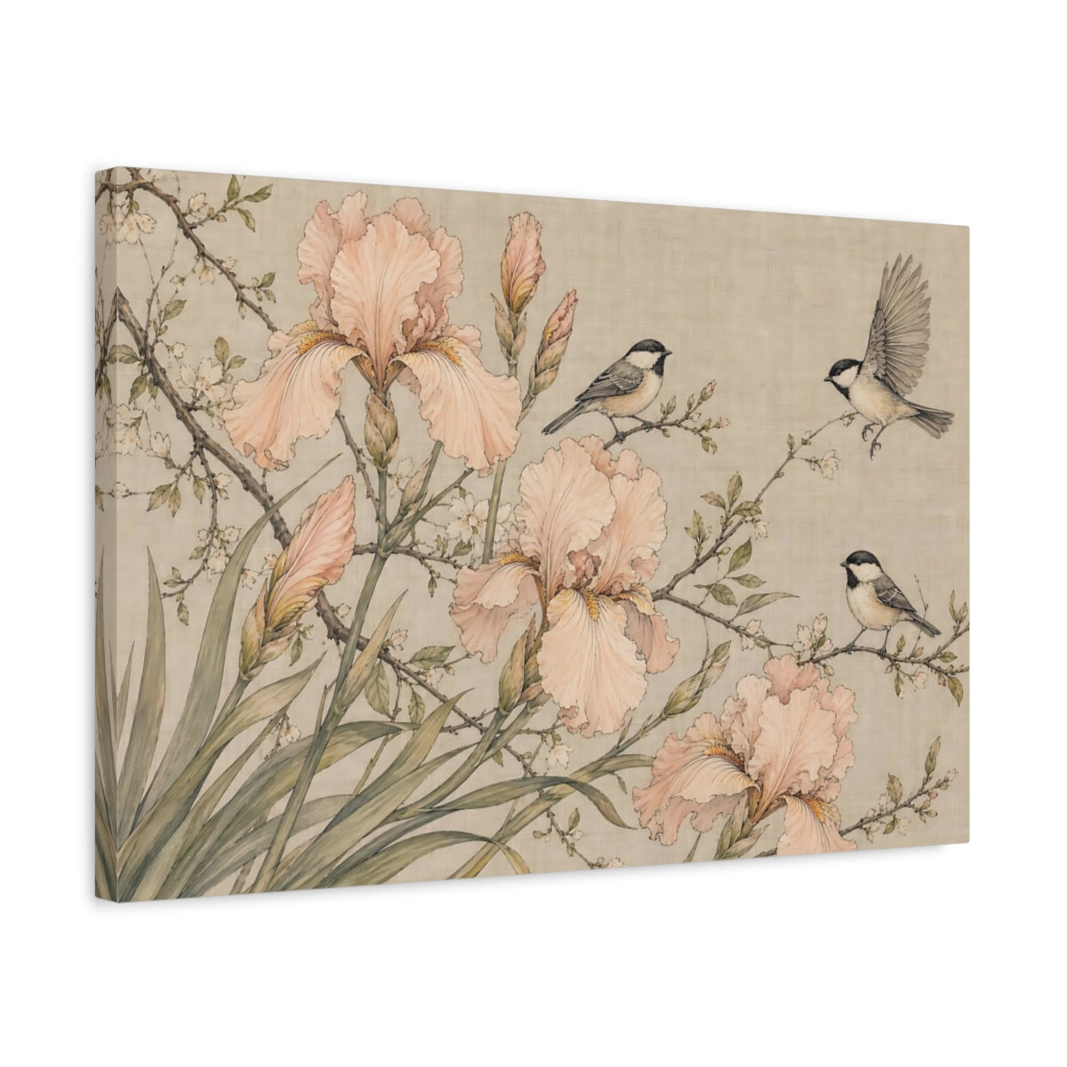 Side Mockup 3. Nature Irises Birds Pink Beige Nature shown as stretched canvas wall art