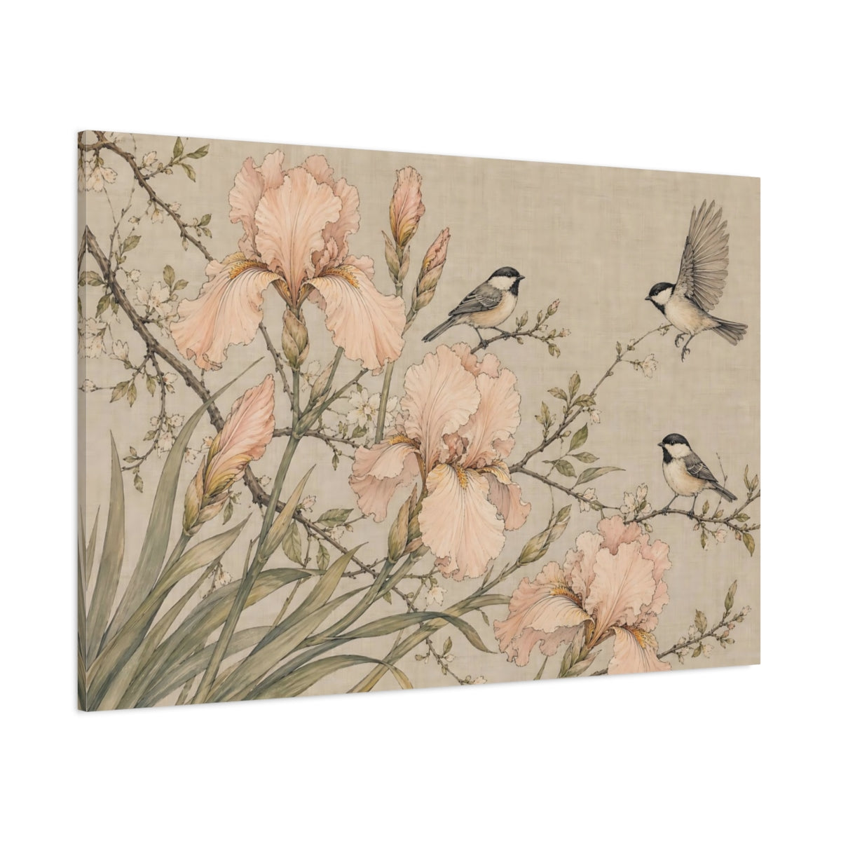 Side Mockup 1. Nature Irises Birds Pink Beige Nature shown as stretched canvas wall art