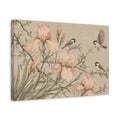 Side Mockup 4. Nature Irises Birds Pink Beige Nature shown as stretched canvas wall art