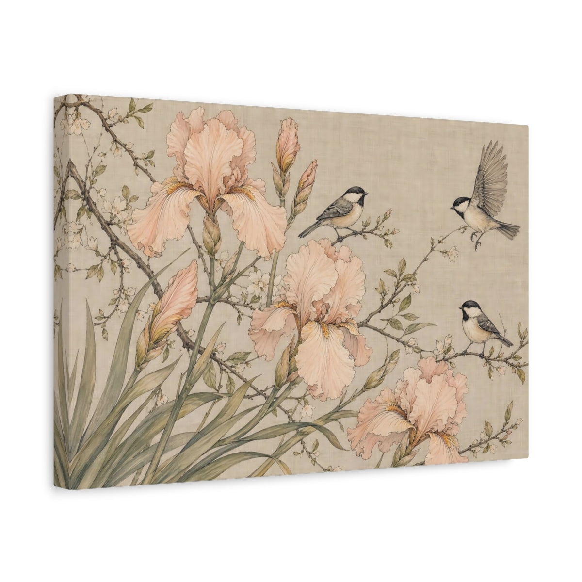 Side Mockup 4. Nature Irises Birds Pink Beige Nature shown as stretched canvas wall art