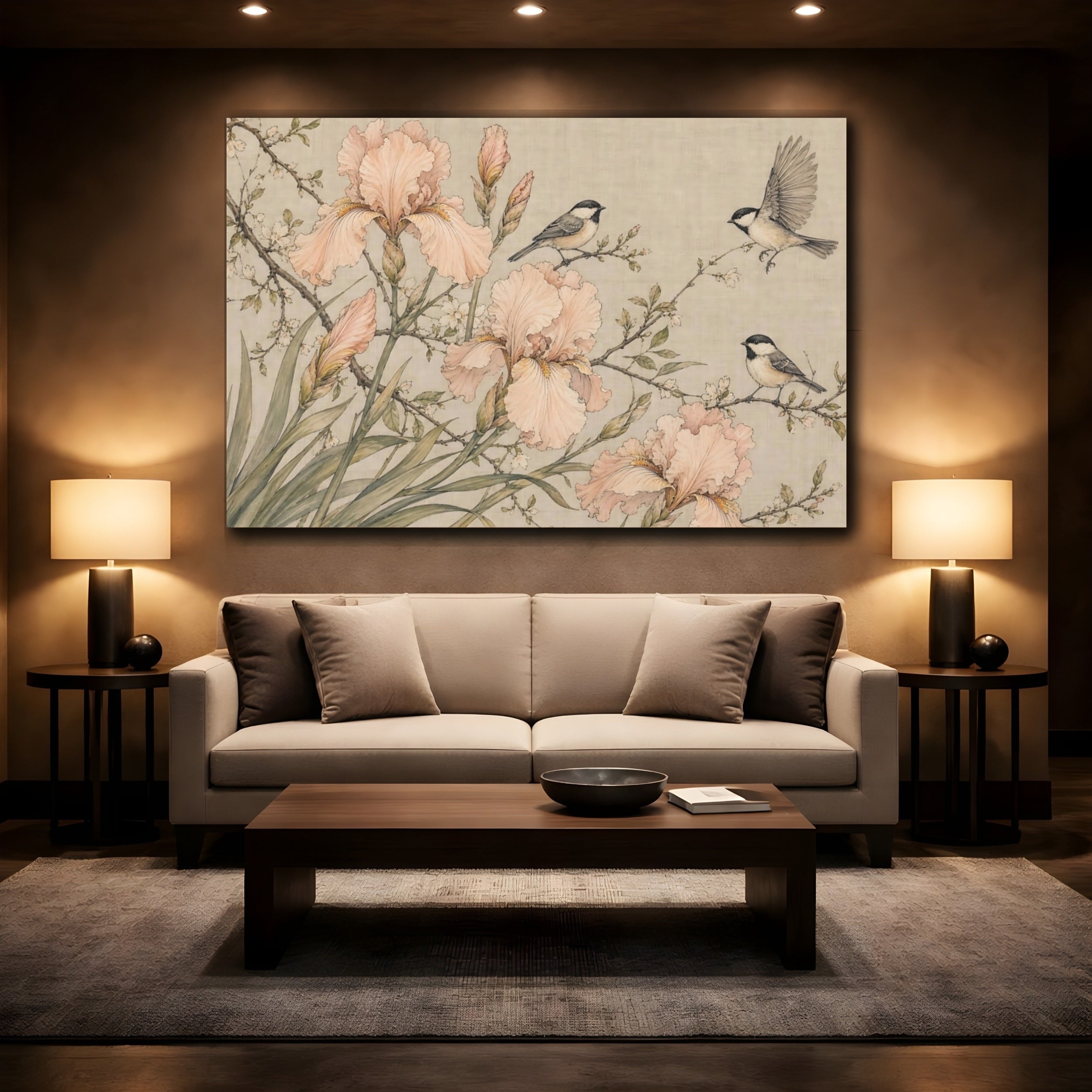 Mockup 2. Nature Irises Birds Pink Beige Nature shown as stretched canvas wall art