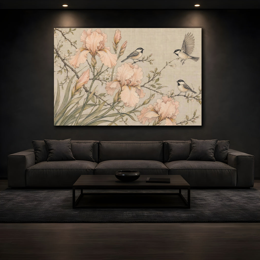 Mockup 3. Nature Irises Birds Pink Beige Nature shown as stretched canvas wall art