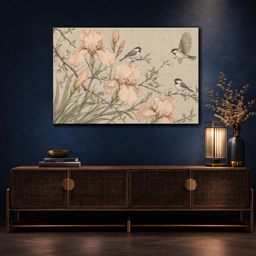 Mockup 4. Nature Irises Birds Pink Beige Nature shown as stretched canvas wall art