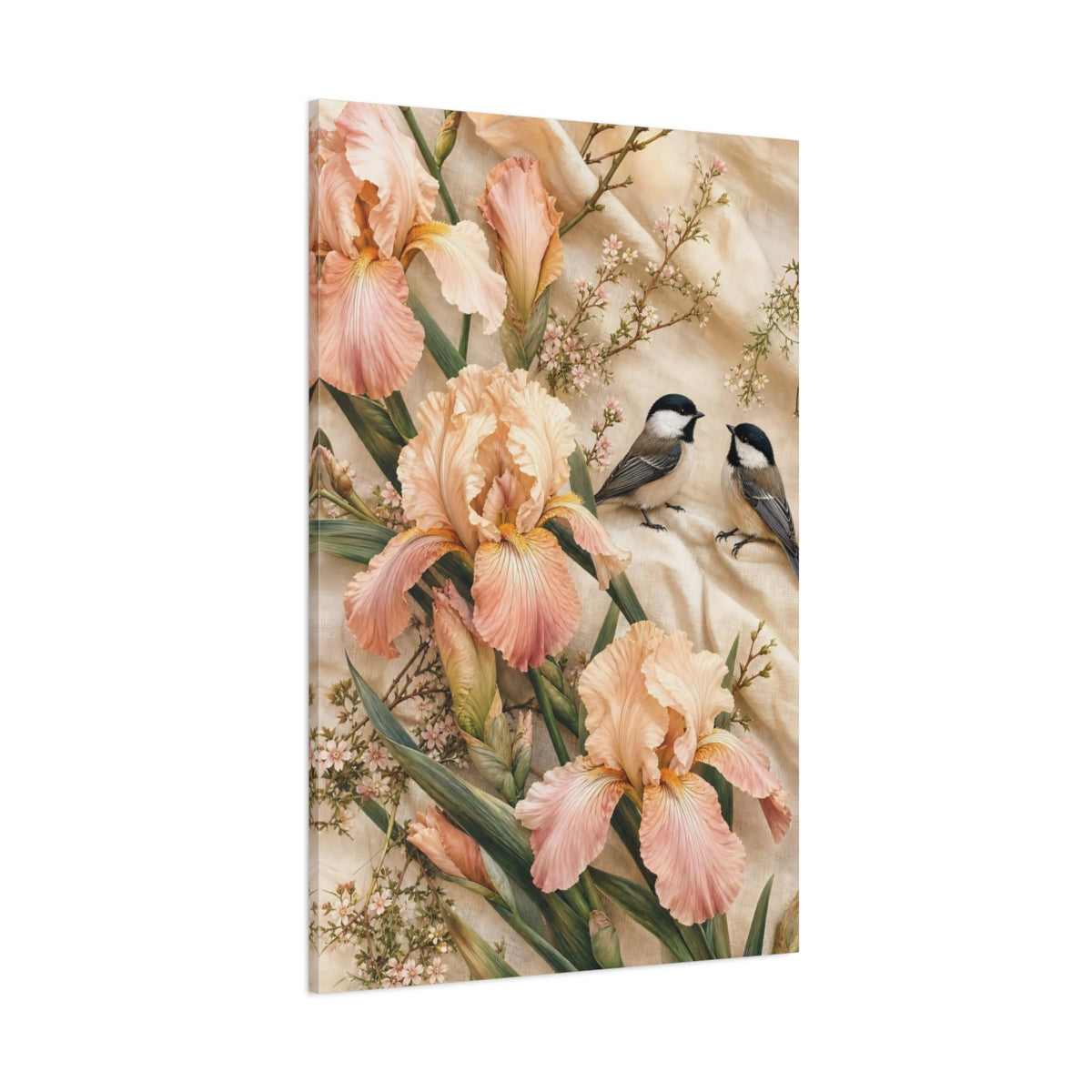 Side Mockup 1. Nature Irises, Birds Pink Iris Birds shown as stretched canvas wall art