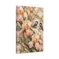 Side Mockup 4. Nature Irises, Birds Pink Iris Birds shown as stretched canvas wall art