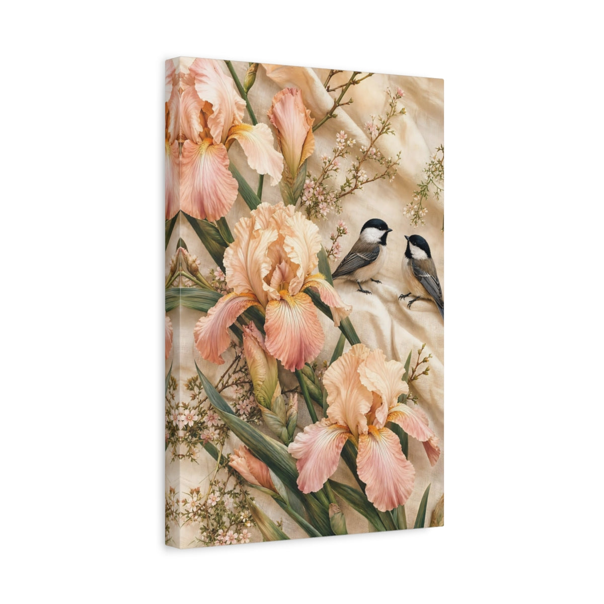 Side Mockup 4. Nature Irises, Birds Pink Iris Birds shown as stretched canvas wall art