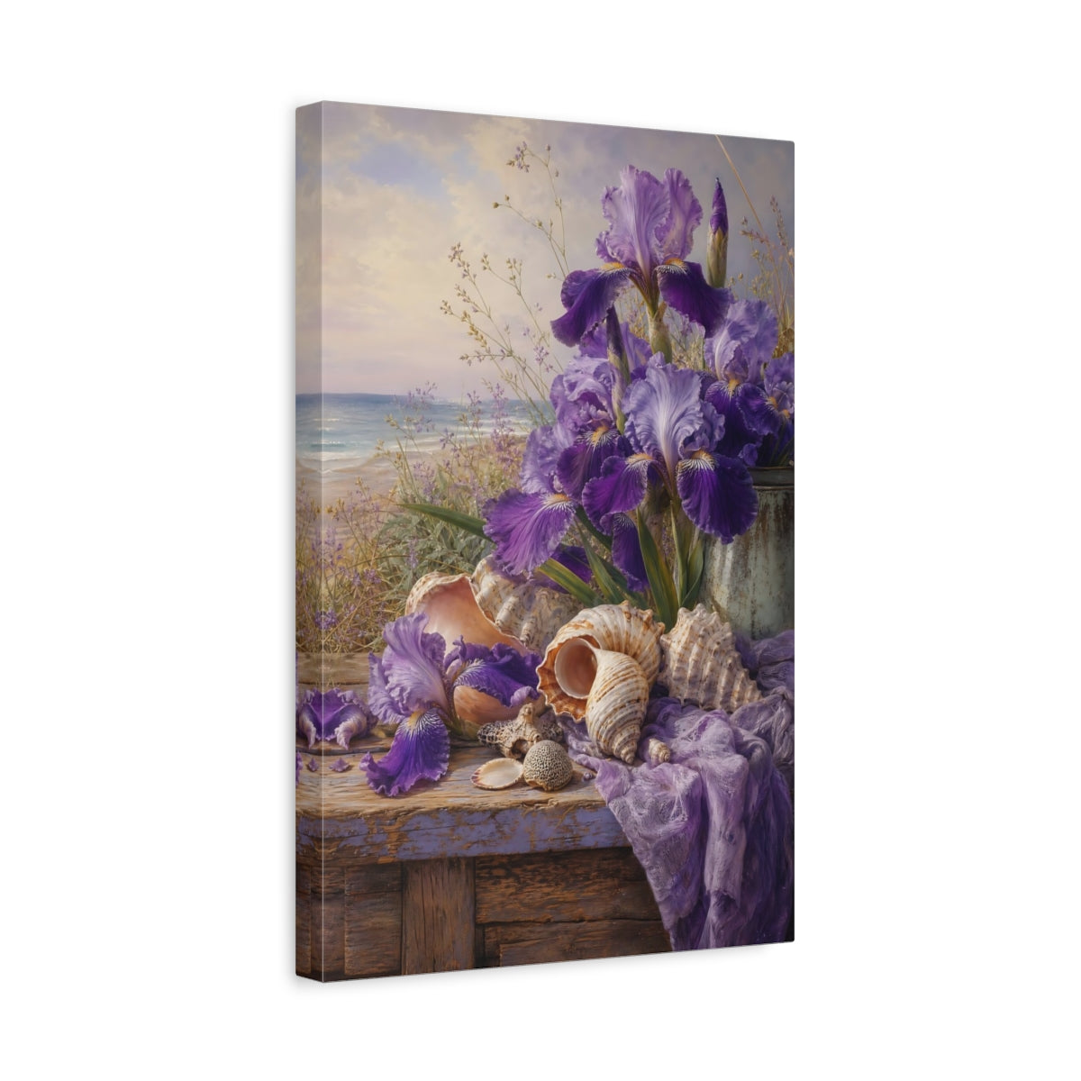 Side Mockup 4. Nature Irises Purple Irises Beach shown as stretched canvas wall art