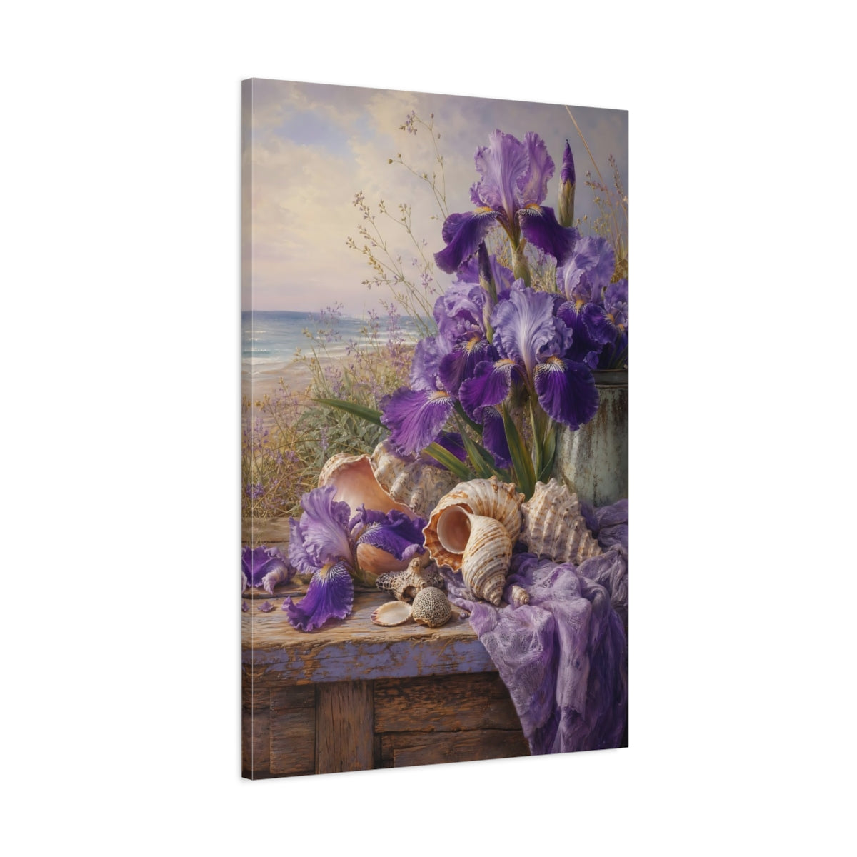Main Mockup. Nature Irises Purple Irises Beach shown as stretched canvas wall art