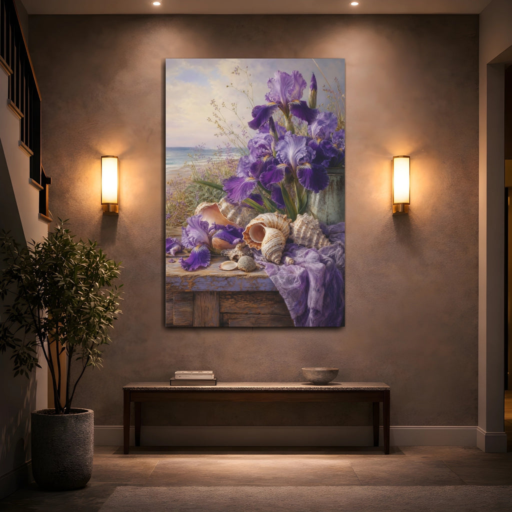 Mockup 2. Nature Irises Purple Irises Beach shown as stretched canvas wall art
