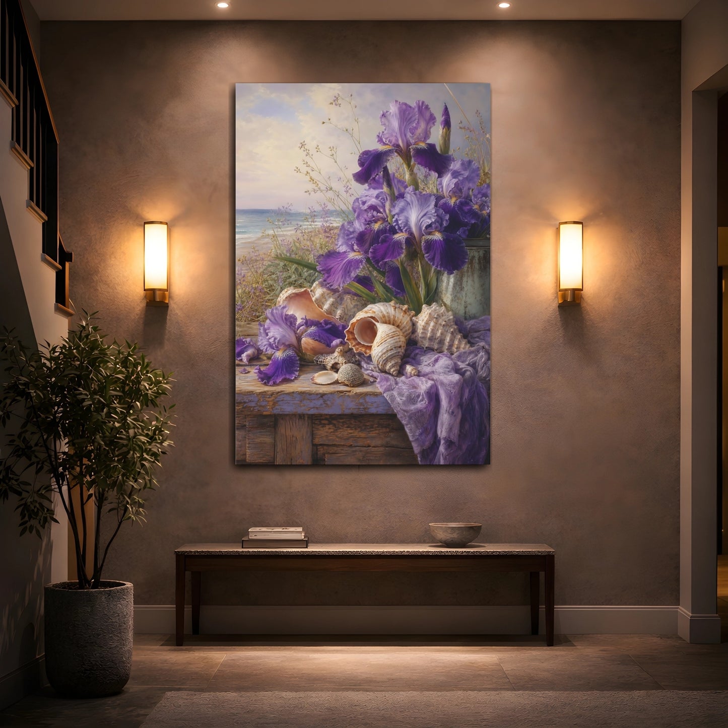 Mockup 2. Nature Irises Purple Irises Beach shown as stretched canvas wall art