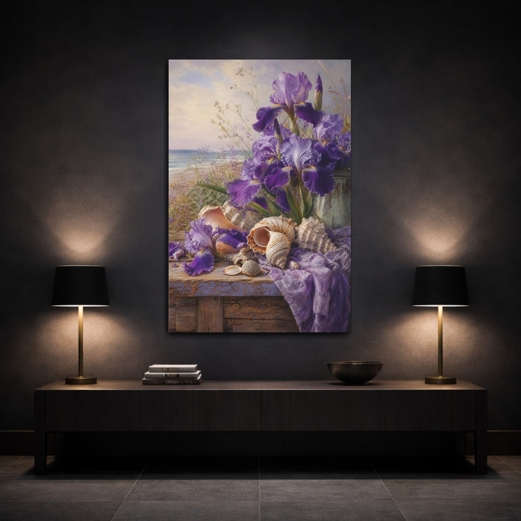 Mockup 3. Nature Irises Purple Irises Beach shown as stretched canvas wall art