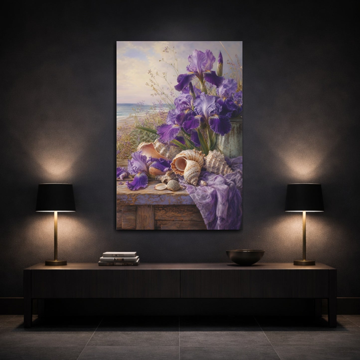 Mockup 3. Nature Irises Purple Irises Beach shown as stretched canvas wall art