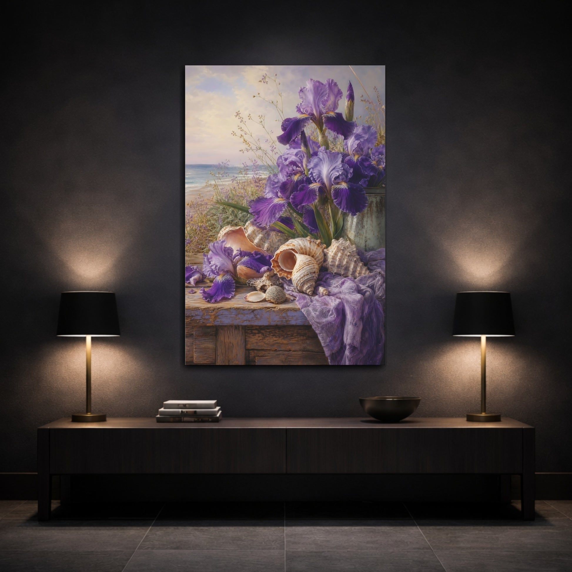 Mockup 3. Nature Irises Purple Irises Beach shown as stretched canvas wall art