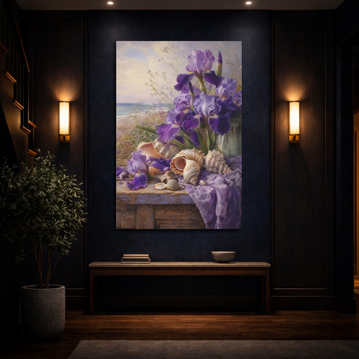 Mockup 4. Nature Irises Purple Irises Beach shown as stretched canvas wall art