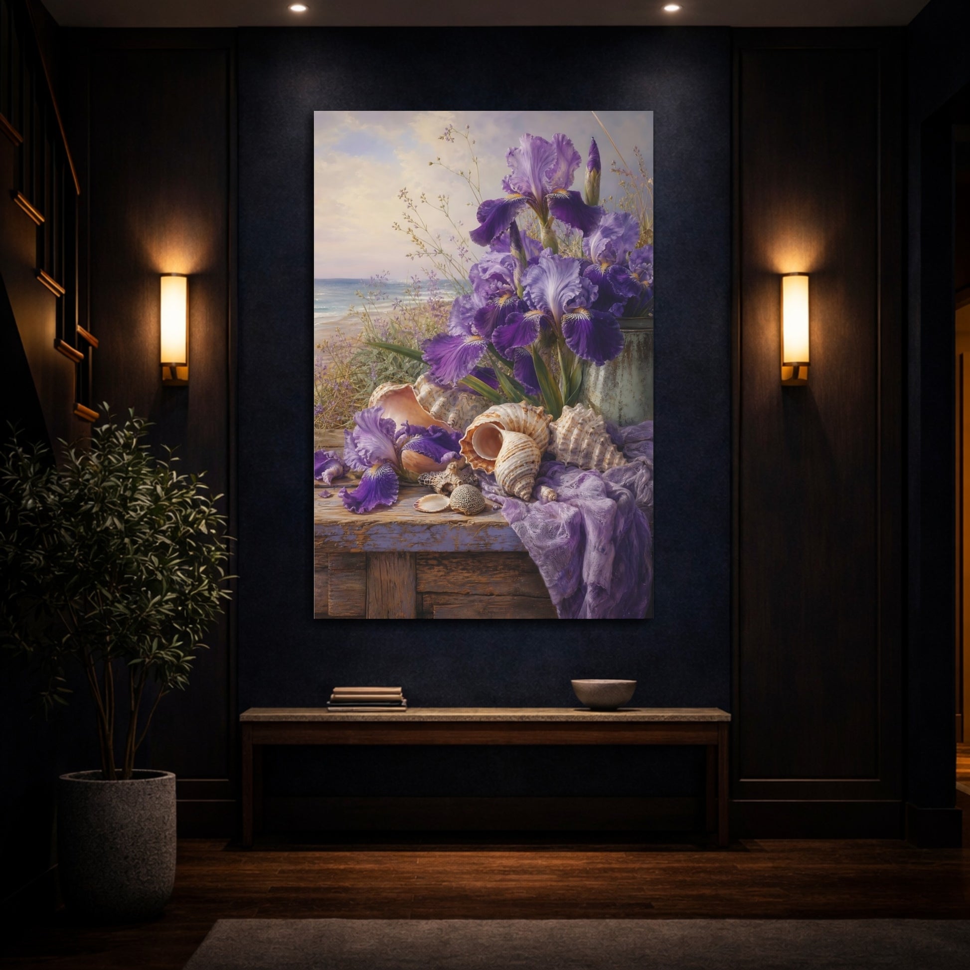 Mockup 4. Nature Irises Purple Irises Beach shown as stretched canvas wall art