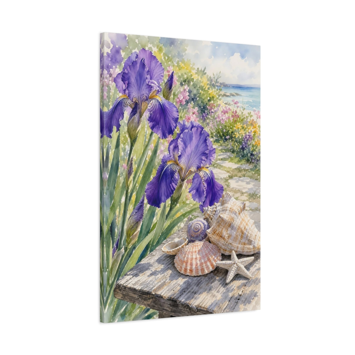 Main Mockup. Nature Irises Purple Irises Seashells shown as stretched canvas wall art