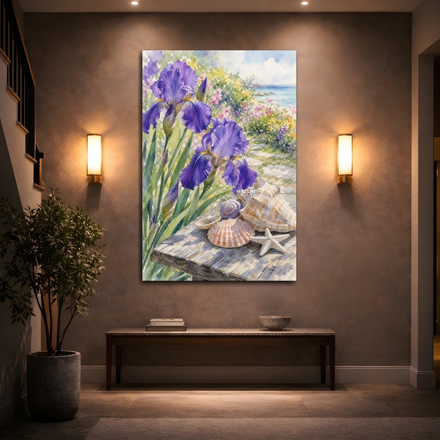 Mockup 2. Nature Irises Purple Irises Seashells shown as stretched canvas wall art