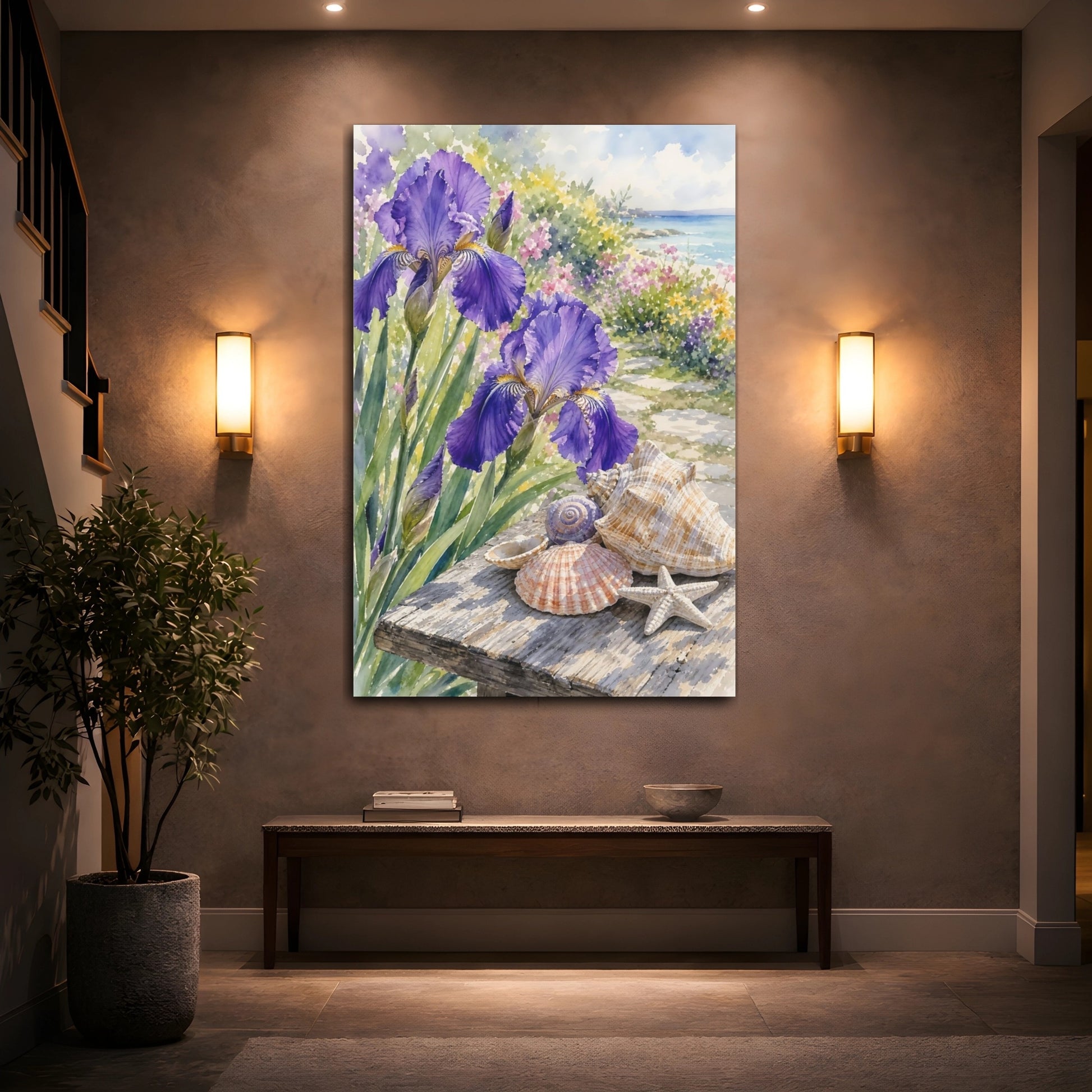 Mockup 2. Nature Irises Purple Irises Seashells shown as stretched canvas wall art