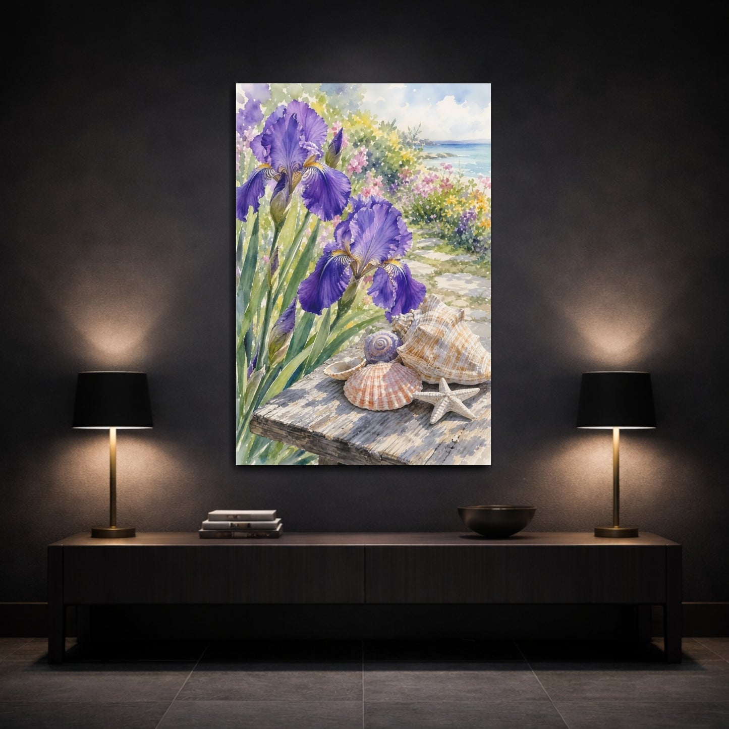 Mockup 3. Nature Irises Purple Irises Seashells shown as stretched canvas wall art
