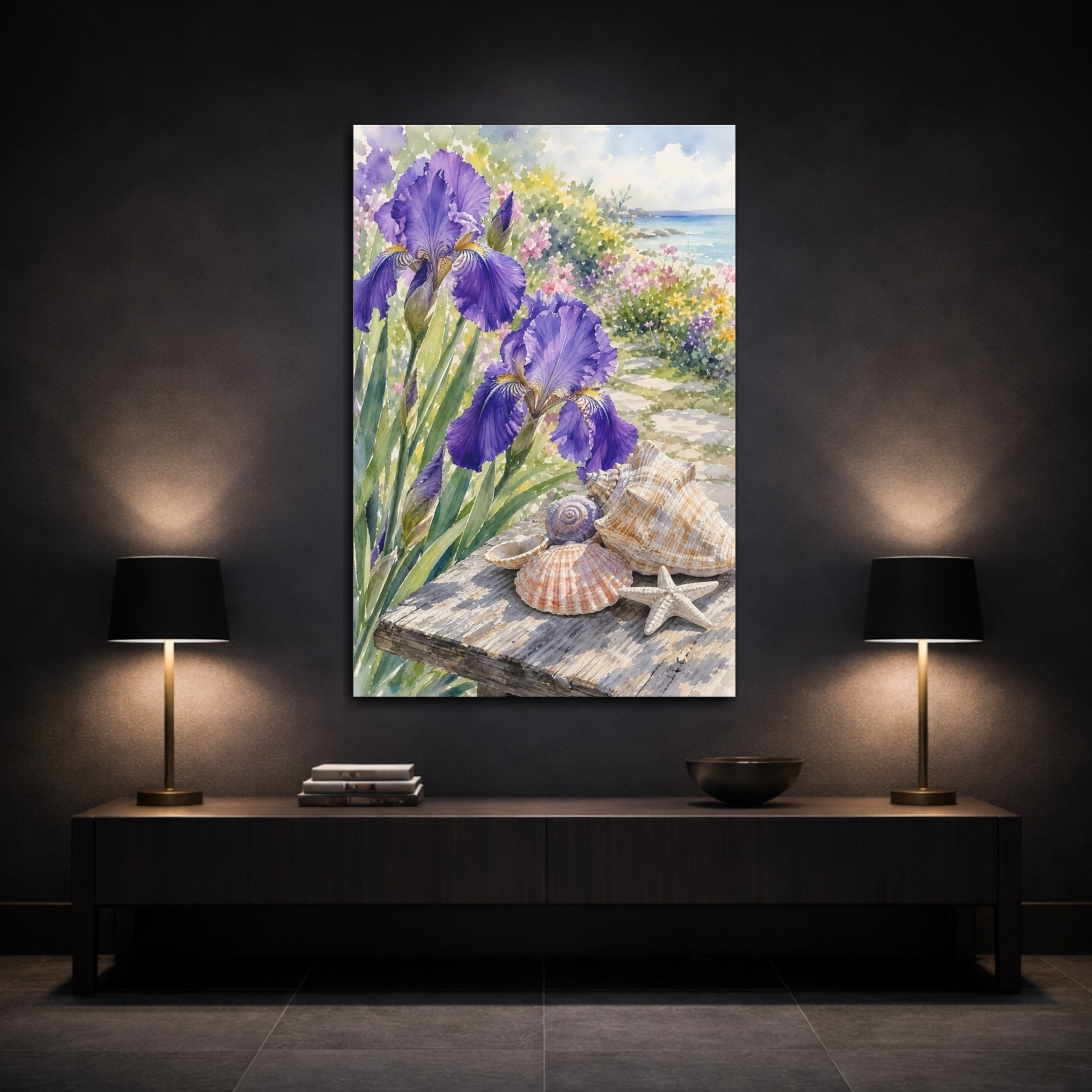 Mockup 3. Nature Irises Purple Irises Seashells shown as stretched canvas wall art