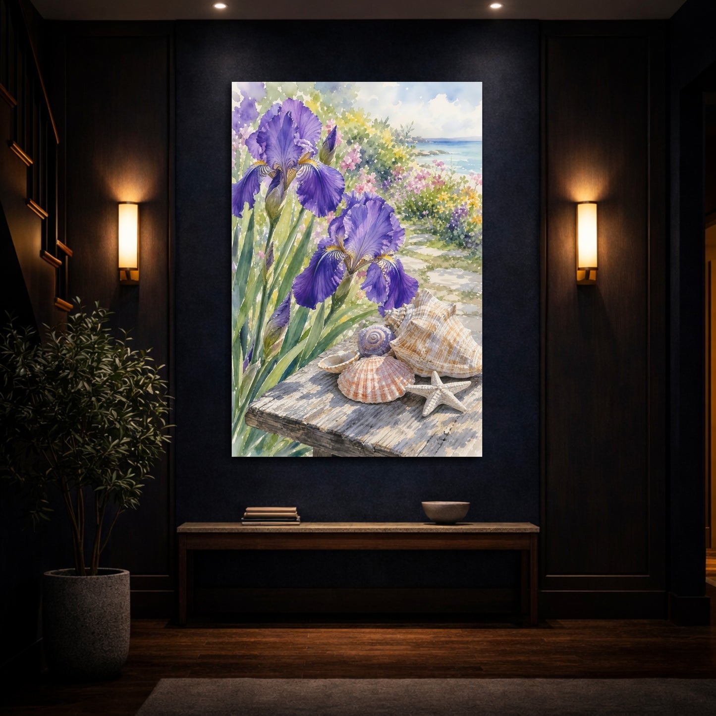 Mockup 4. Nature Irises Purple Irises Seashells shown as stretched canvas wall art