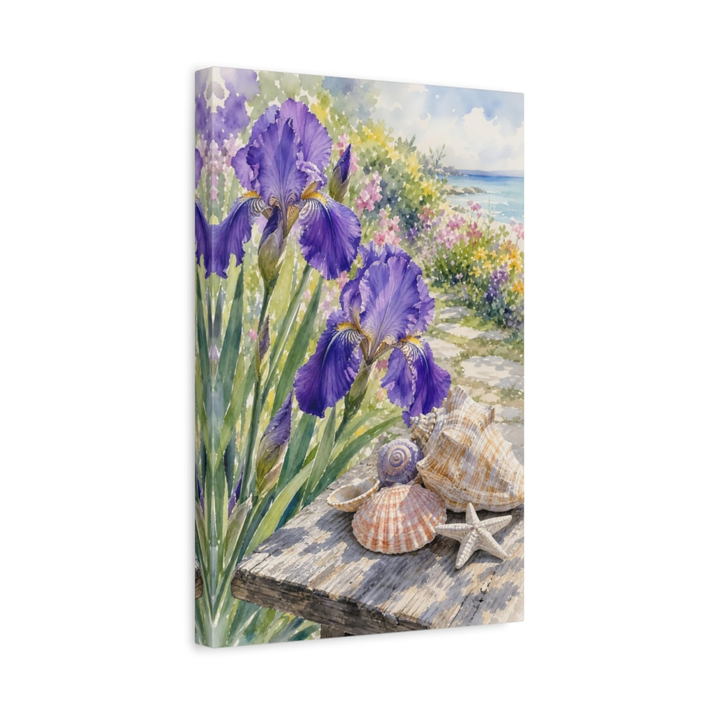 Side Mockup 4. Nature Irises Purple Irises Seashells shown as stretched canvas wall art