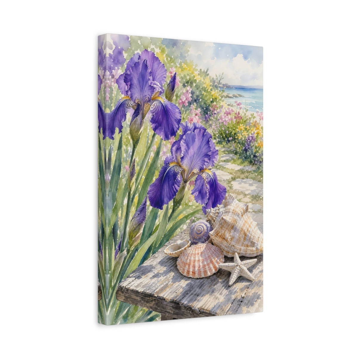 Side Mockup 4. Nature Irises Purple Irises Seashells shown as stretched canvas wall art