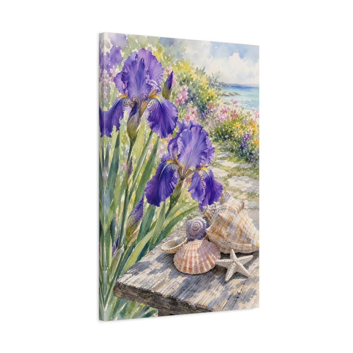 Side Mockup 2. Nature Irises Purple Irises Seashells shown as stretched canvas wall art