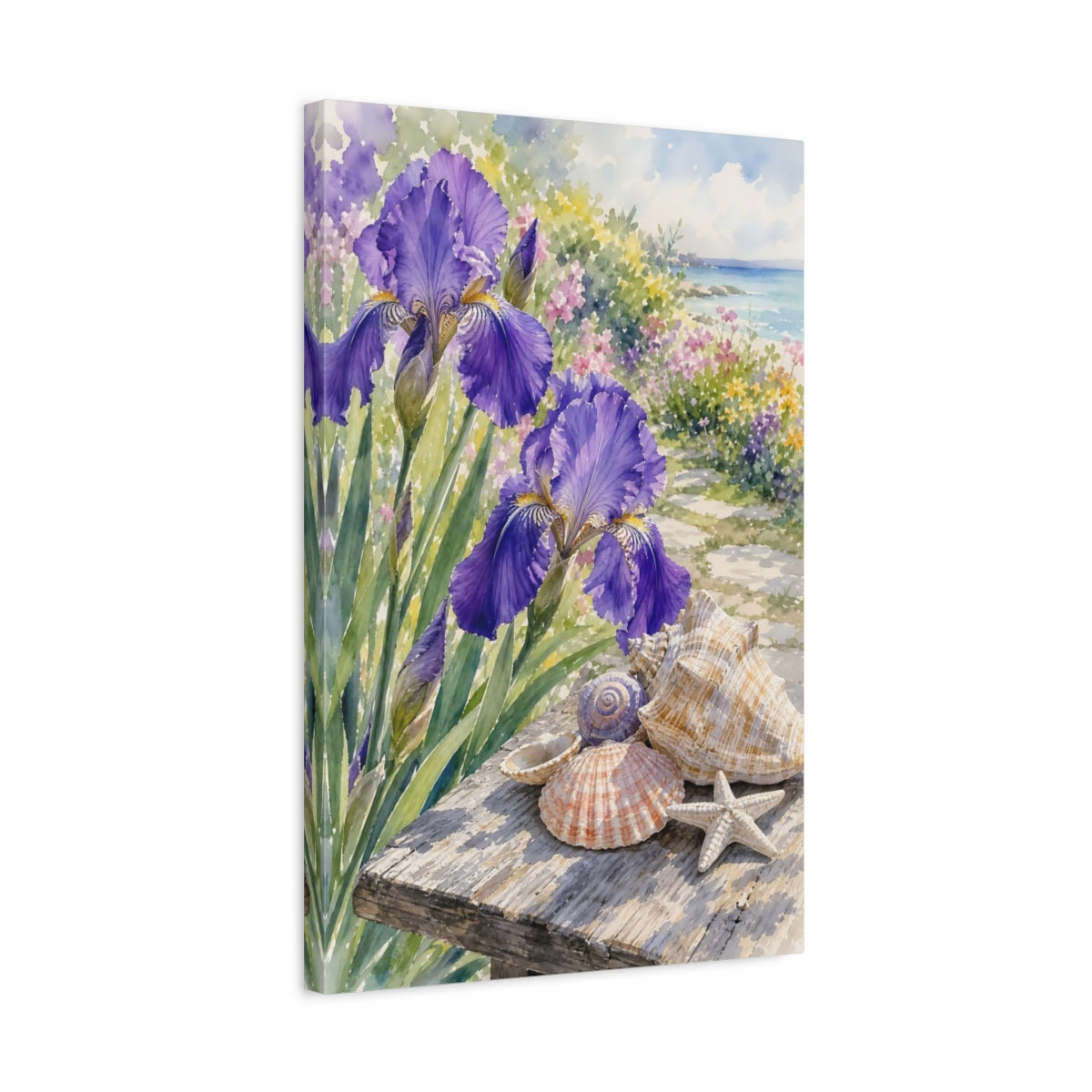 Side Mockup 3. Nature Irises Purple Irises Seashells shown as stretched canvas wall art