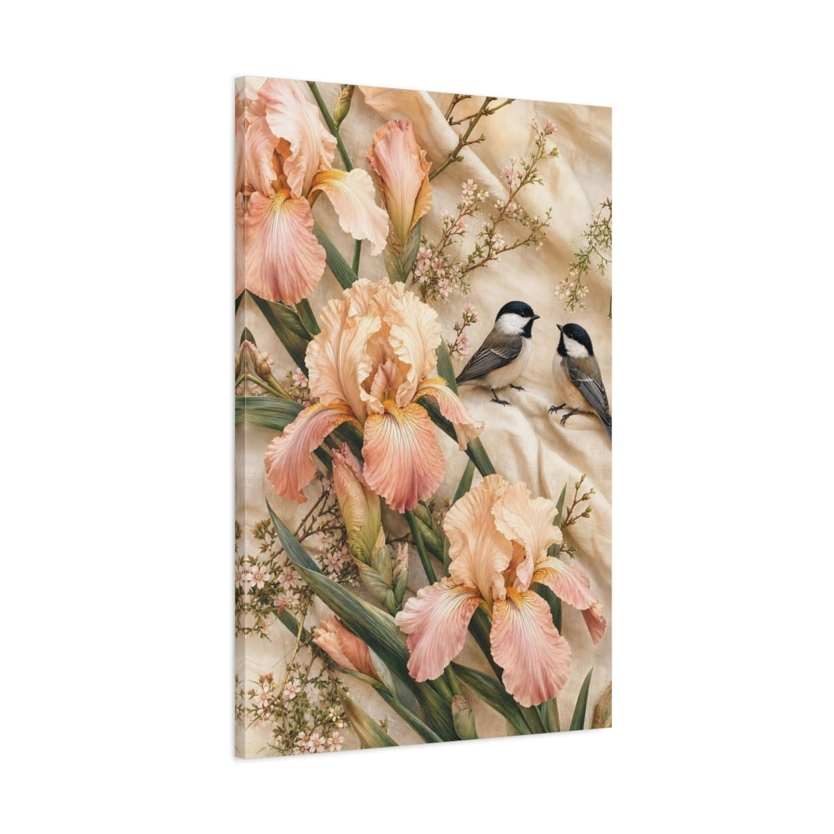 Main Mockup. Nature Irises Birds Pink Iris Birds shown as stretched canvas wall art