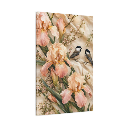 Main Mockup. Nature Irises Birds Pink Iris Birds shown as stretched canvas wall art
