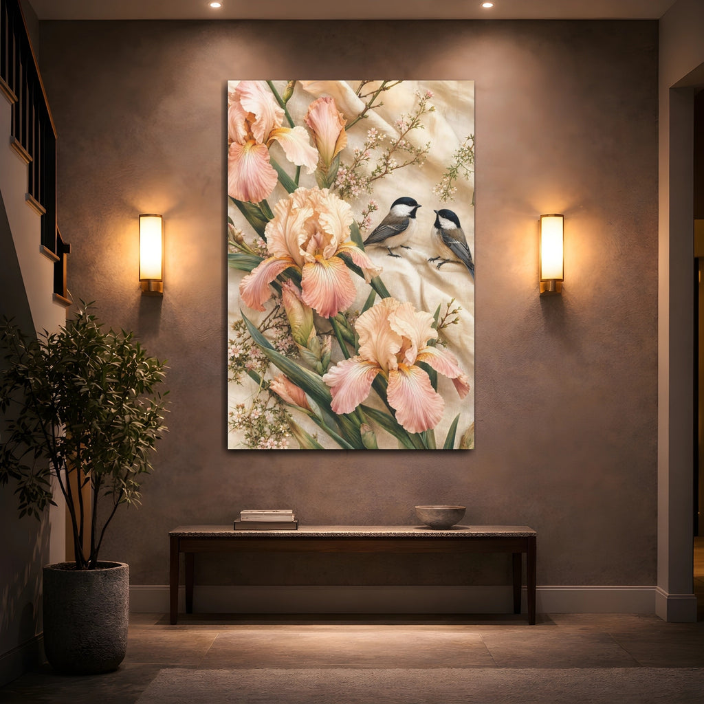 Mockup 2. Nature Irises, Birds Pink Iris Birds shown as stretched canvas wall art
