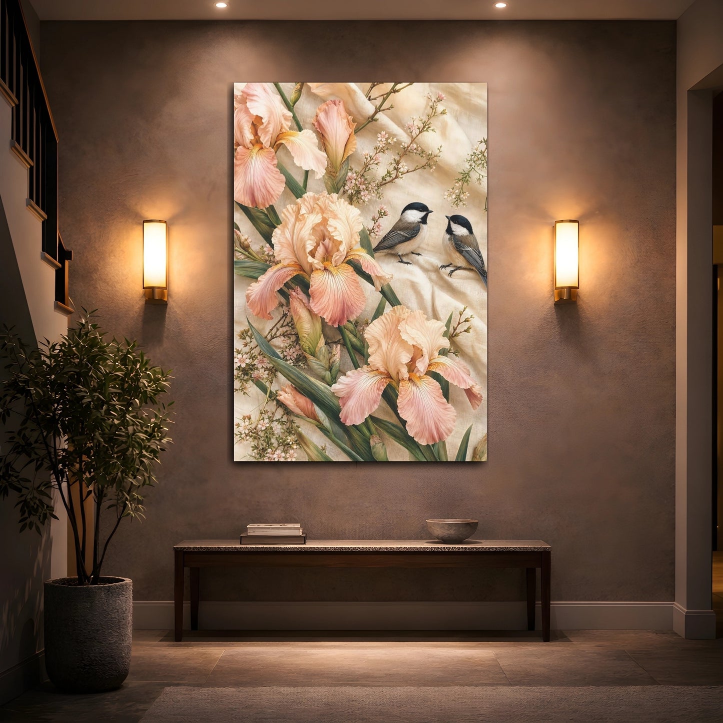 Mockup 2. Nature Irises, Birds Pink Iris Birds shown as stretched canvas wall art
