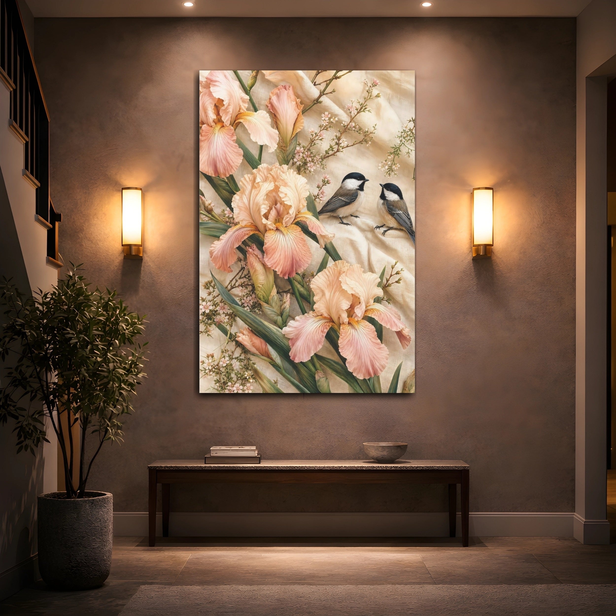 Mockup 2. Nature Irises, Birds Pink Iris Birds shown as stretched canvas wall art
