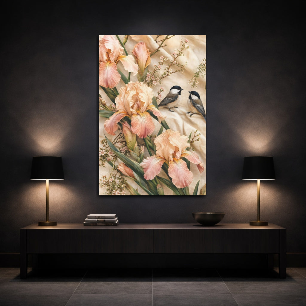 Mockup 3. Nature Irises, Birds Pink Iris Birds shown as stretched canvas wall art
