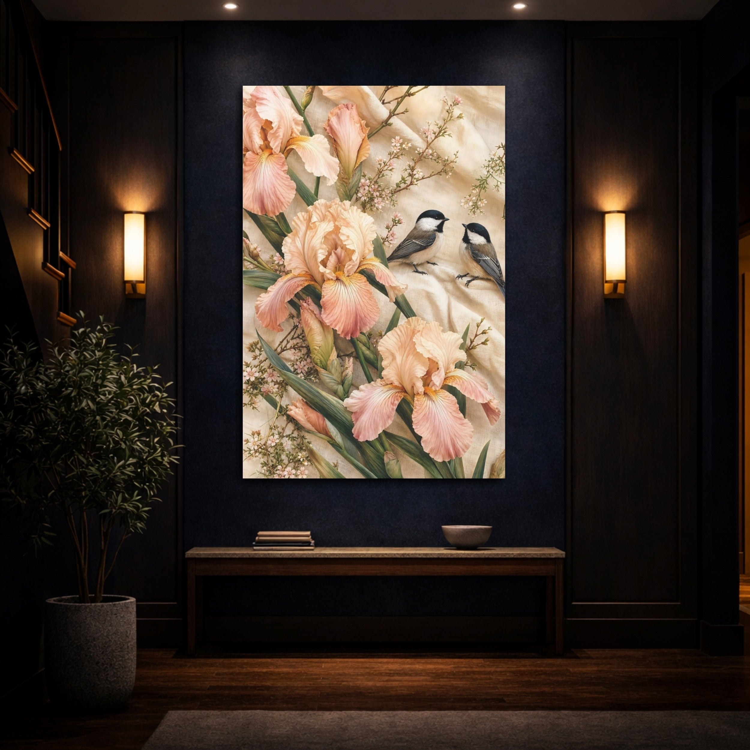 Mockup 4. Nature Irises, Birds Pink Iris Birds shown as stretched canvas wall art