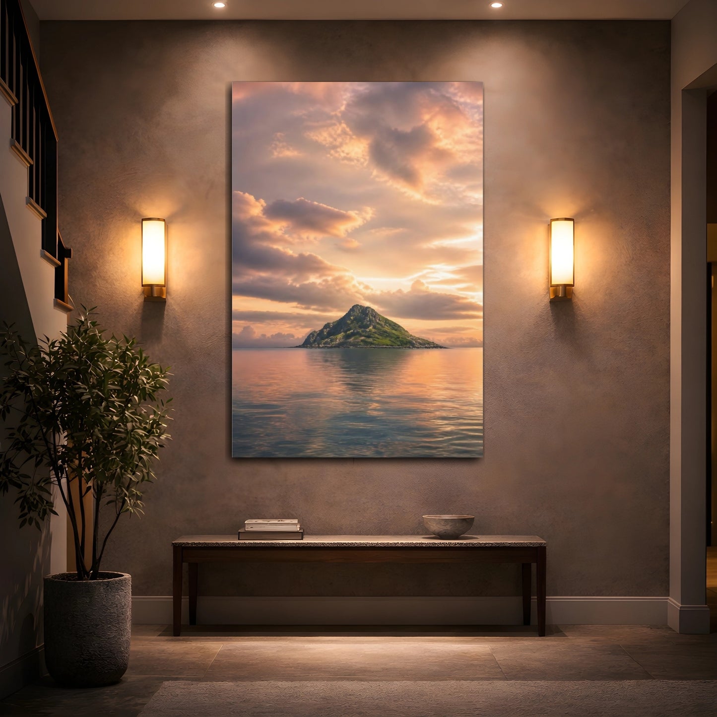Mockup 2. Nature Island Orange Sky Island shown as stretched canvas wall art