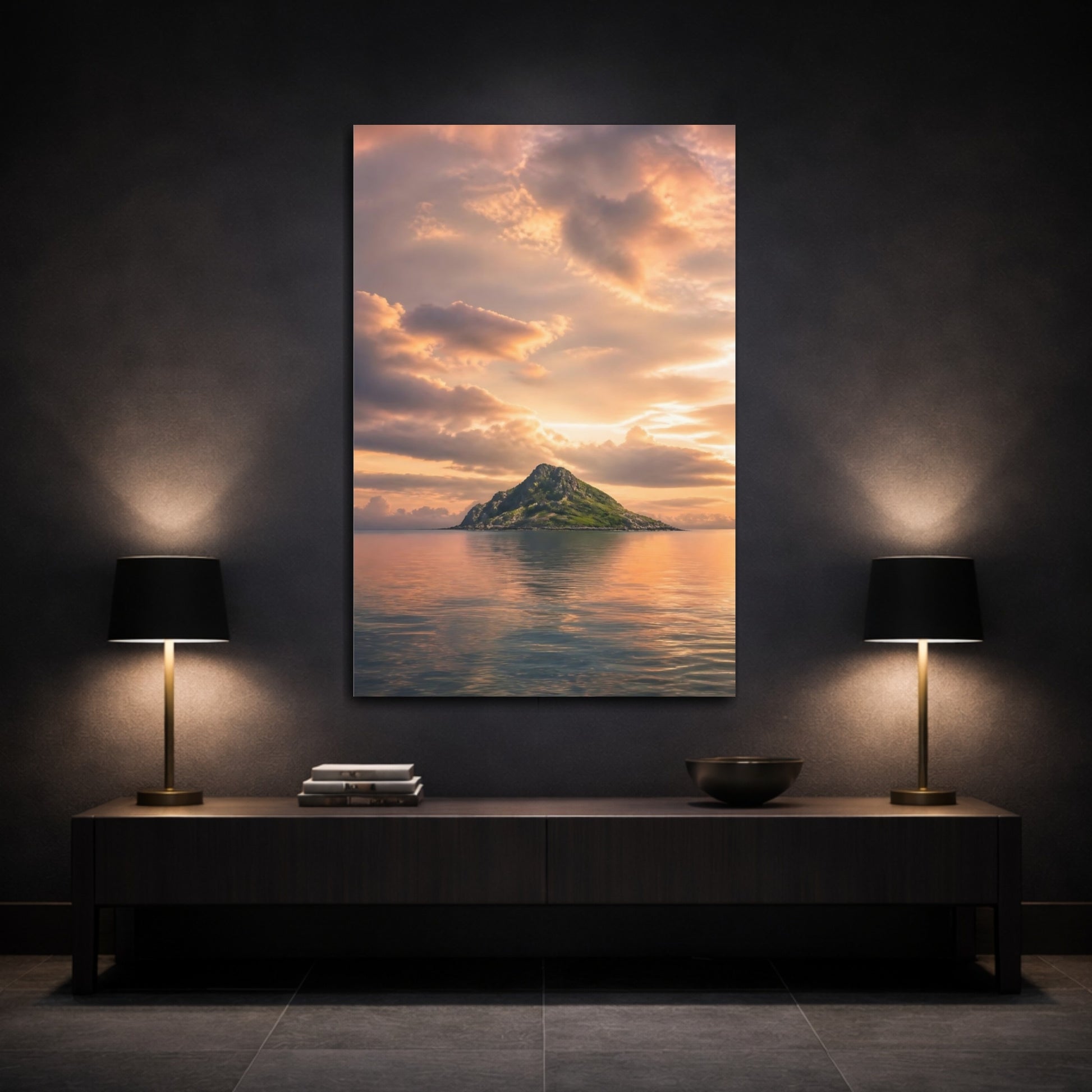 Mockup 3. Nature Island Orange Sky Island shown as stretched canvas wall art