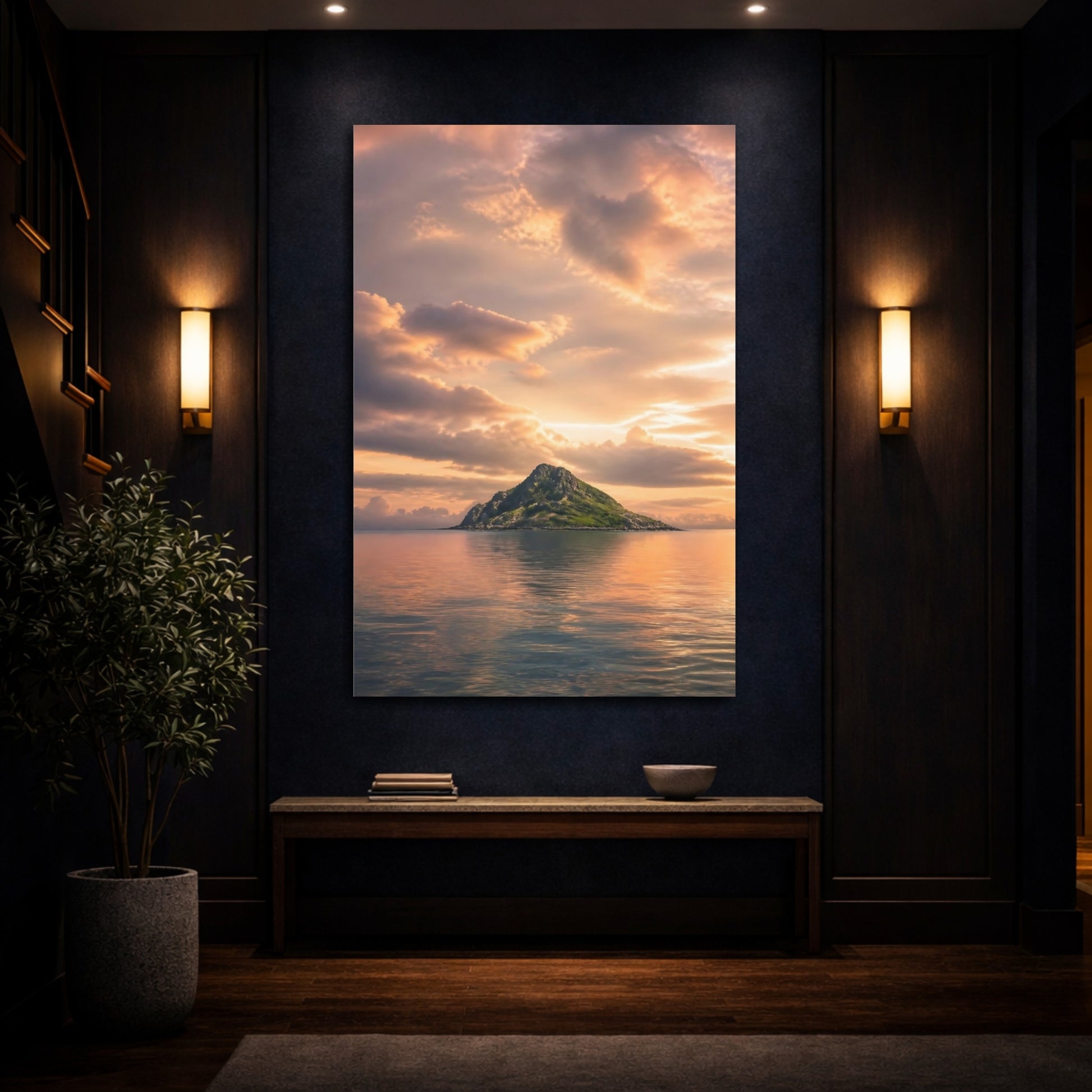 Mockup 4. Nature Island Orange Sky Island shown as stretched canvas wall art