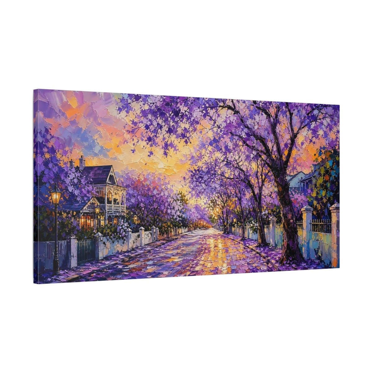 Main Mockup. Nature Jacaranda Trees Purple And Orange shown as stretched canvas wall art