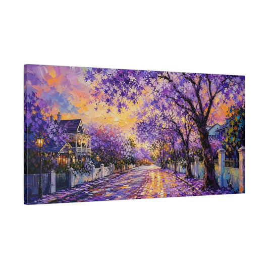 Main Mockup. Nature Jacaranda Trees Purple And Orange shown as stretched canvas wall art