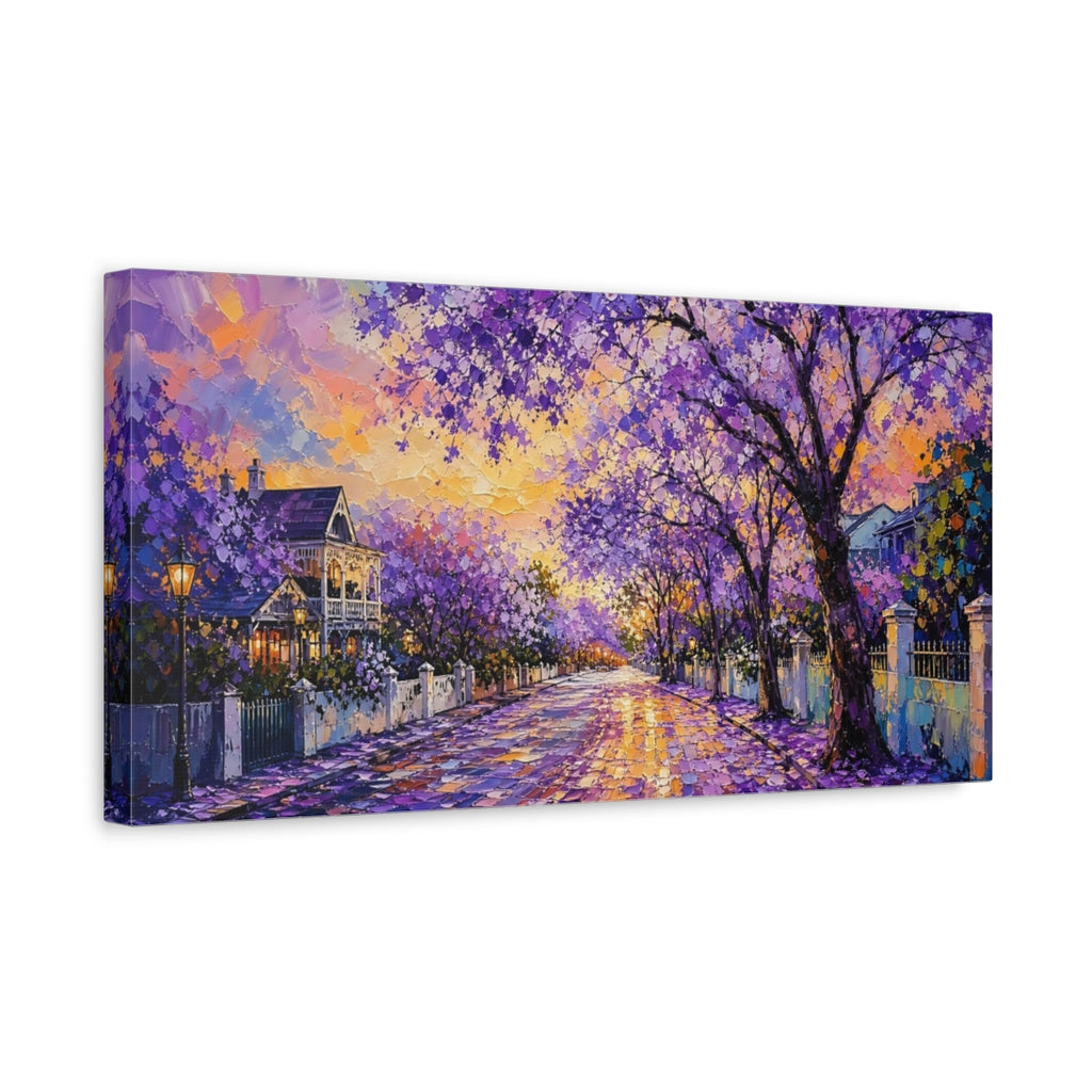 Side Mockup 3. Nature Jacaranda Trees Purple And Orange shown as stretched canvas wall art